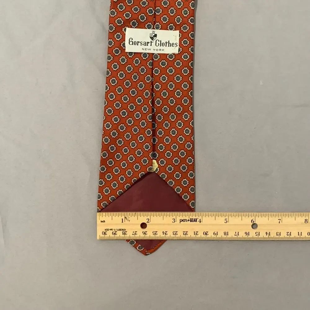 Vtg Gorsart Clothes New York 100% Silk Geometric Medallion Necktie Rust Orange
